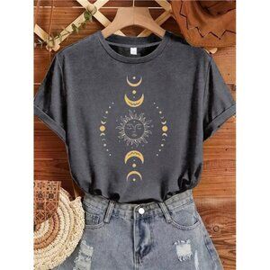 Ladies' Grey T-Shirt with Sun, Moon, And Star Patterns, Fashionable NEW